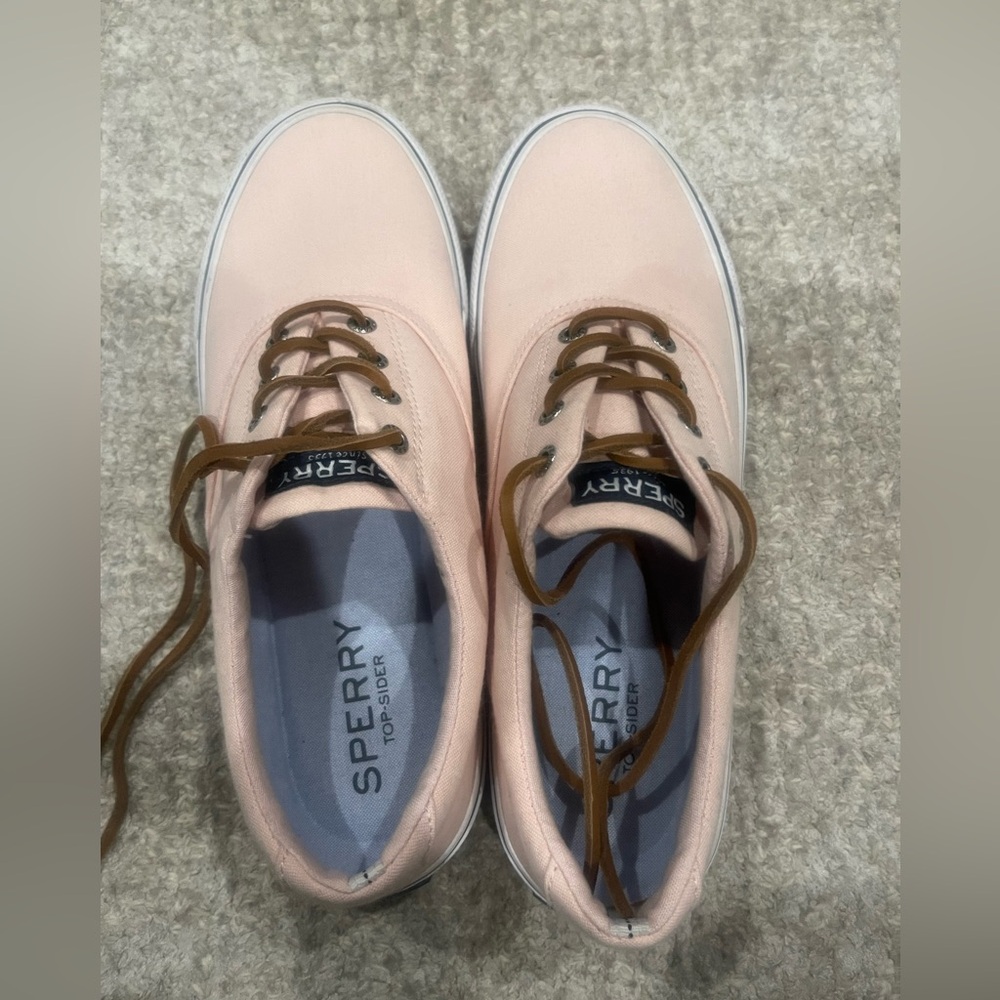 Sperry Light Pink Canvas Sneakers with Brown Leather Laces